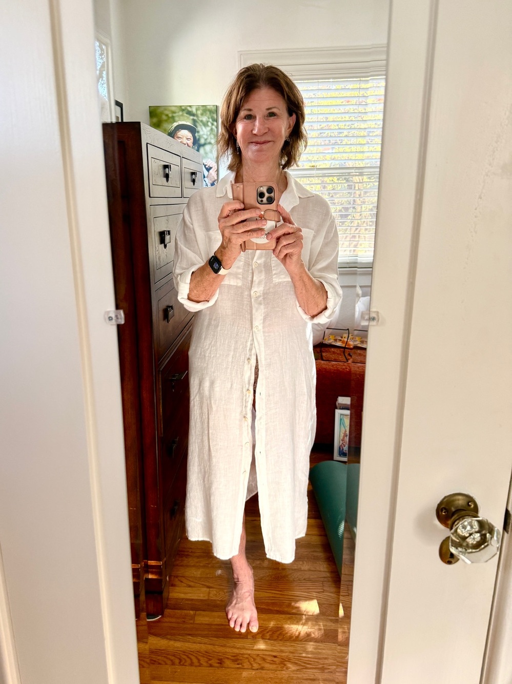 White Linen Long Sleeve Shirt Dress - M